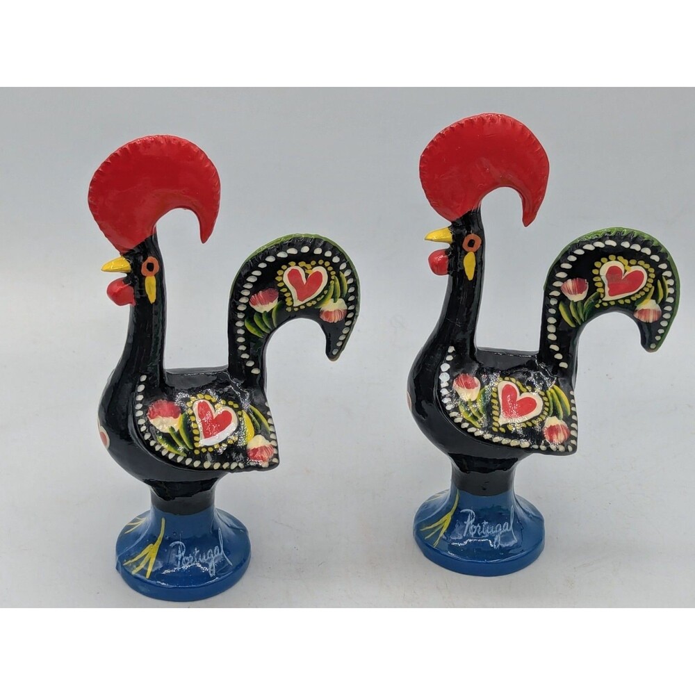Two Traditional Portuguese  metal Black Good Luck Rooster Galo de Barcelos
